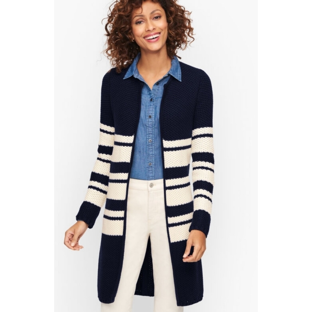 Talbots Pique Striped Cardigan Sweater Black & White Size S